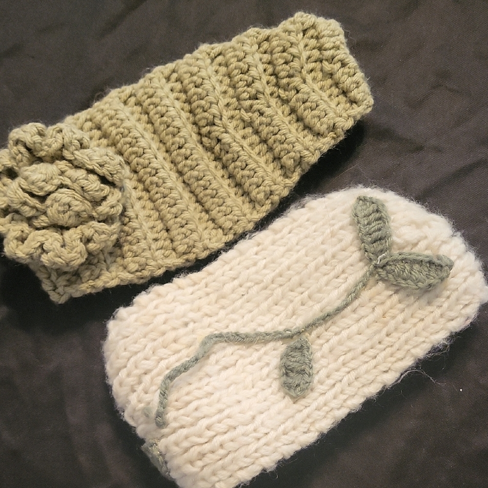 Handmade Knit Headbands in Green and Cream